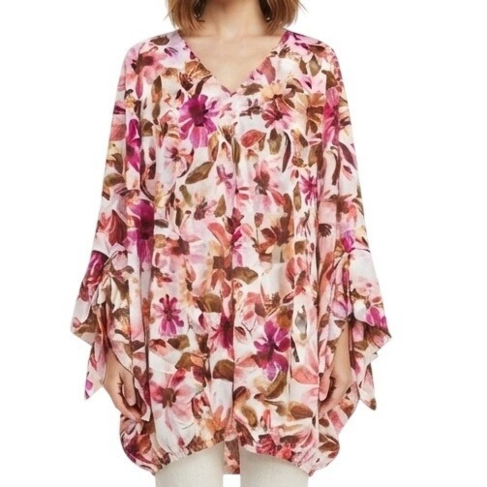 Umgee Kimono Top Womens Large Pink Floral V-Neck Tie Sleeve Boho